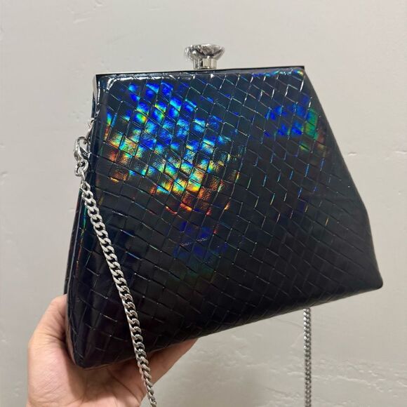 Unique Iridescent Embossed Leather Handmade Push Lock Boxy Bag, Multi Use Style - Picture 6 of 17